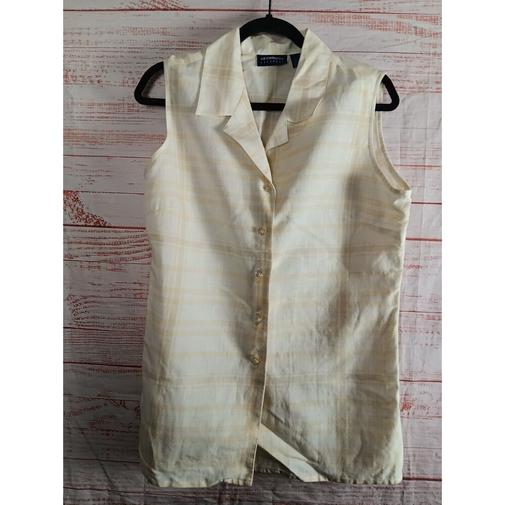 Liz Claiborne Lizsport Shirt Women's Large Beige Plaid Linen Sleeveless